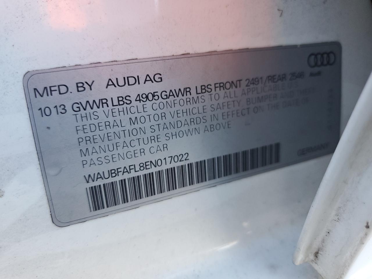 2014 Audi A4 VIN WAUBFAFL8EN017022 Copart auction photo, front end / minor dent/scratches damage thumbnail 13