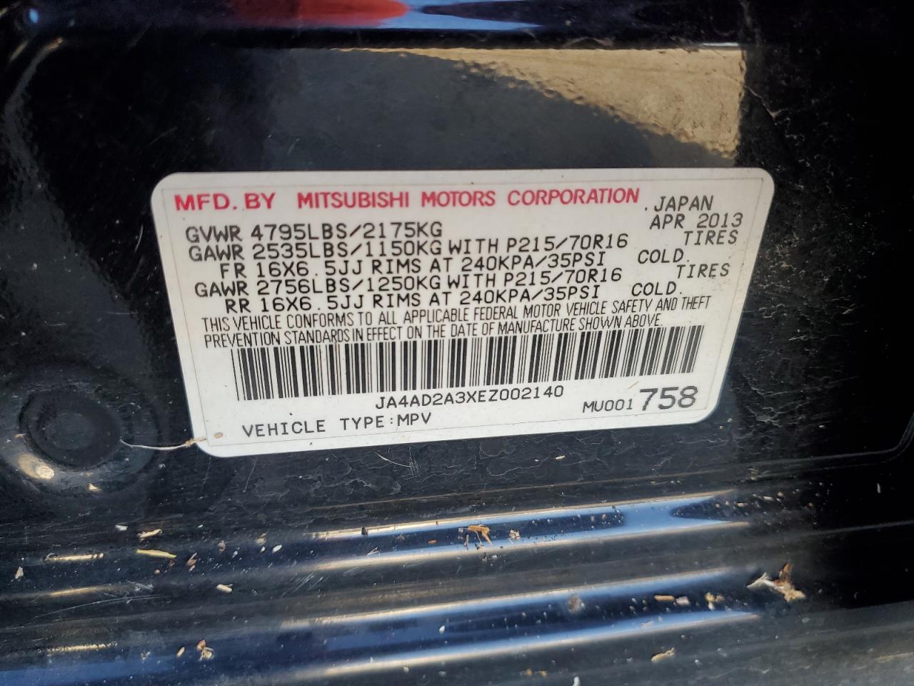 2014 Mitsubishi Outlander VIN JA4AD2A3XEZ002140 Copart auction photo, mechanical / side damage thumbnail 12