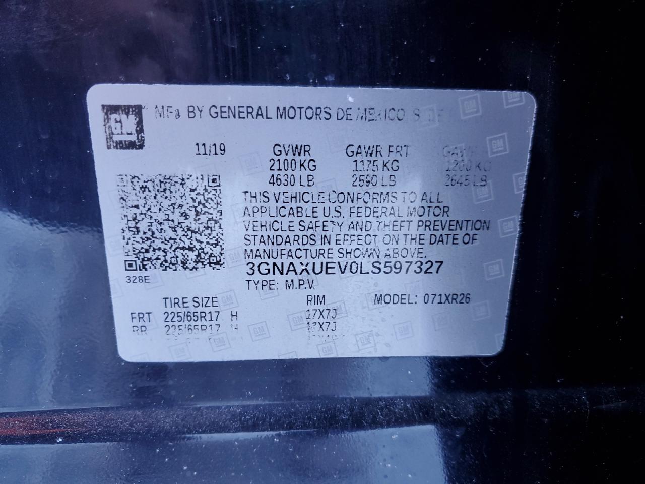 2020 Chevrolet Equinox VIN 3GNAXUEV0LS597327 Copart auction photo, front end damage thumbnail 13