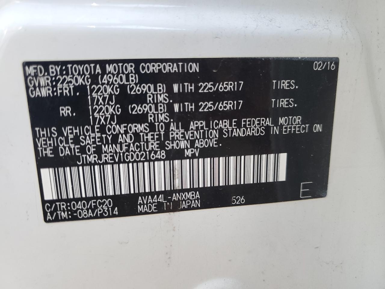 2016 Toyota RAV 4 VIN JTMRJREV1GD021648 Copart auction photo, mechanical / minor dent/scratches damage thumbnail 13