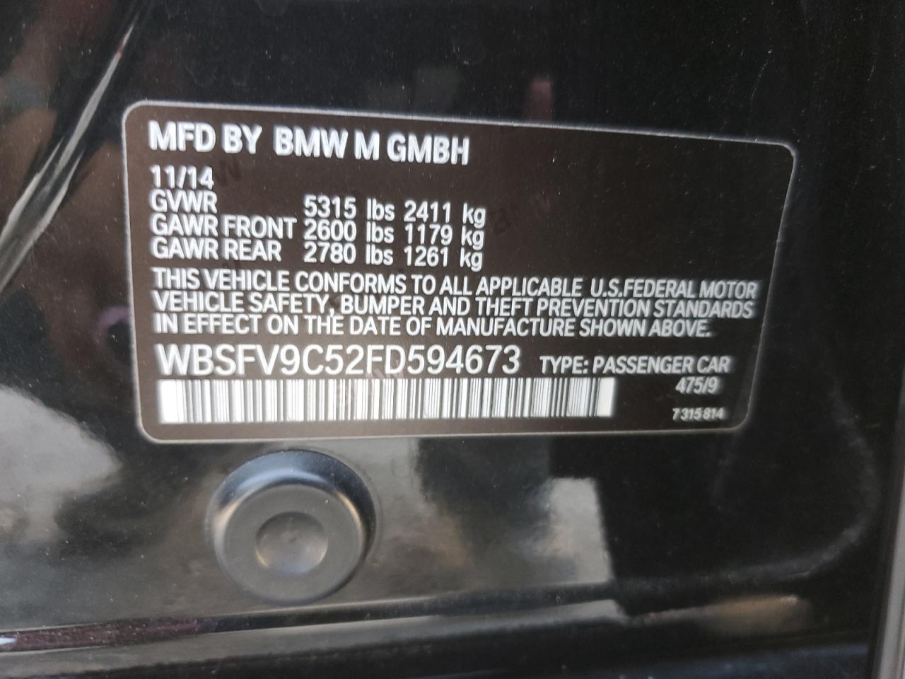 2015 BMW M5 VIN WBSFV9C52FD594673 Copart auction photo, front end damage thumbnail 15