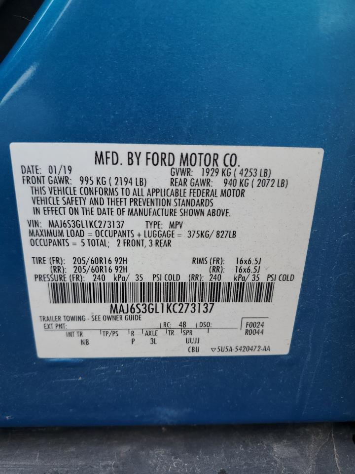 2019 Ford EcoSport VIN MAJ6S3GL1KC273137 Copart auction photo, front end / side damage thumbnail 13