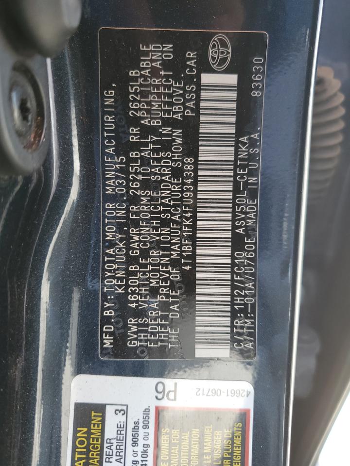 2015 Toyota Camry VIN 4T1BF1FK4FU934388 Copart auction photo, side / rear end damage thumbnail 14