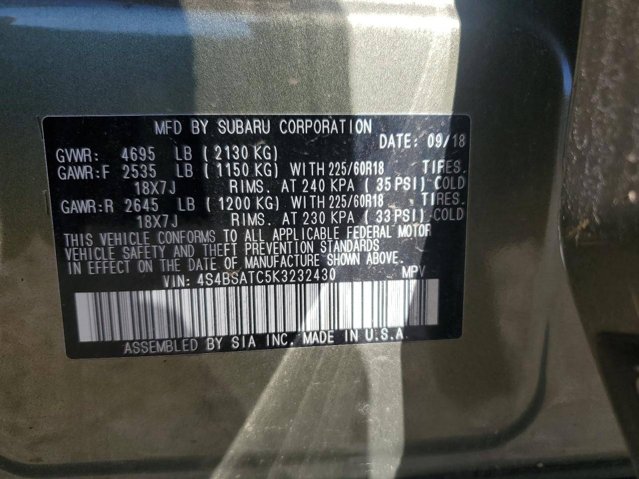 2019 Subaru Outback VIN 4S4BSATC5K3232430 Copart auction photo, front end damage thumbnail 15