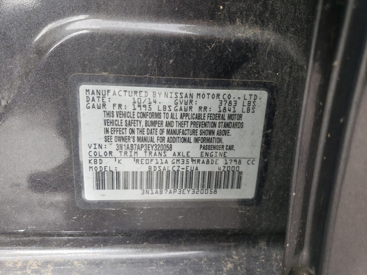 2014 Nissan Sentra VIN 3N1AB7AP3EY320058 Copart auction photo, front end damage thumbnail 15