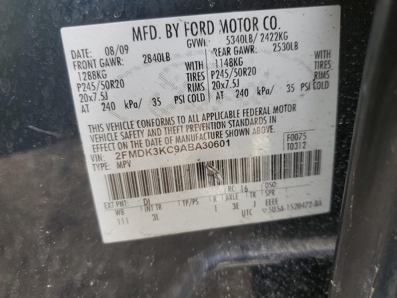 2010 Ford Edge VIN 2FMDK3KC9ABA30601 Copart auction photo, side damage thumbnail 13