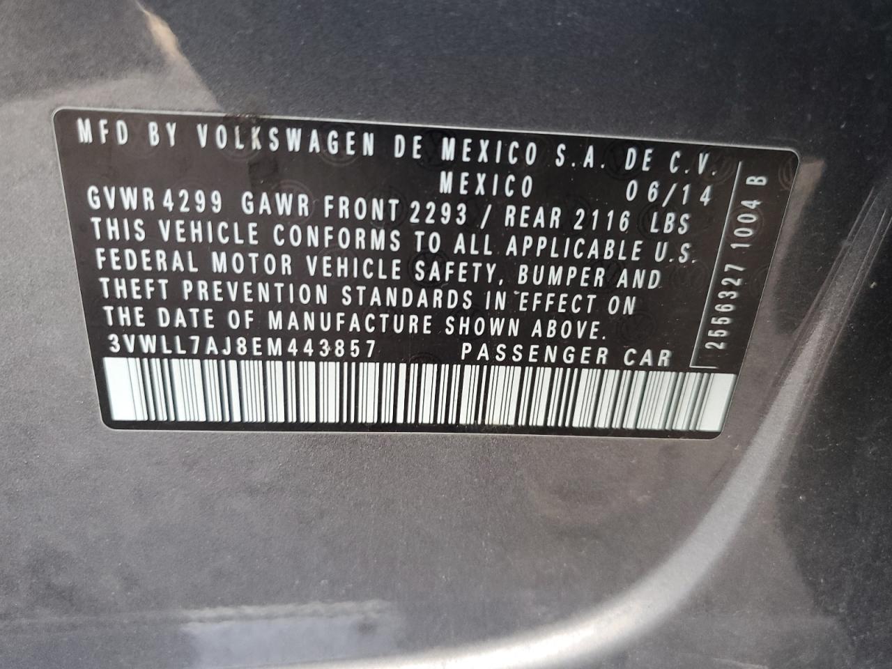 2014 Volkswagen Jetta VIN 3VWLL7AJ8EM443857 Copart auction photo, front end / side damage thumbnail 12