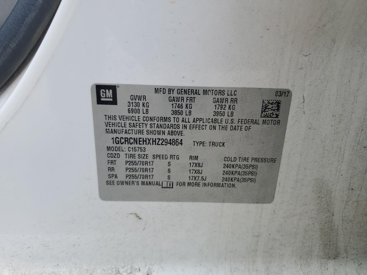 2017 Chevrolet Silverado VIN 1GCRCNEHXHZ294864 Copart auction photo, rear end damage thumbnail 12