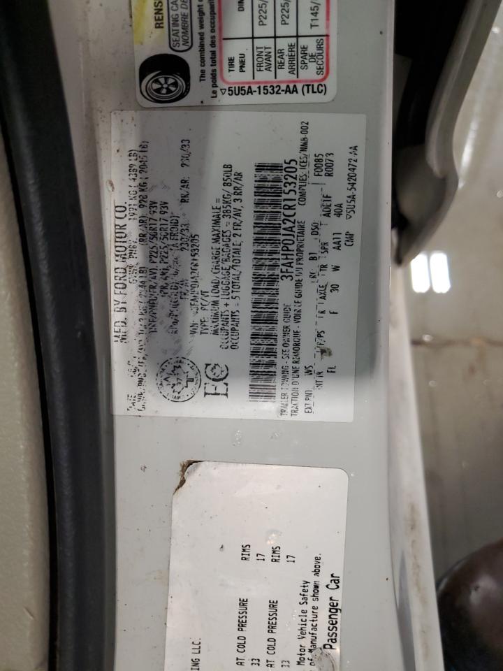 2012 Ford Fusion VIN 3FAHP0JA2CR153205 Copart auction photo, front end damage thumbnail 12