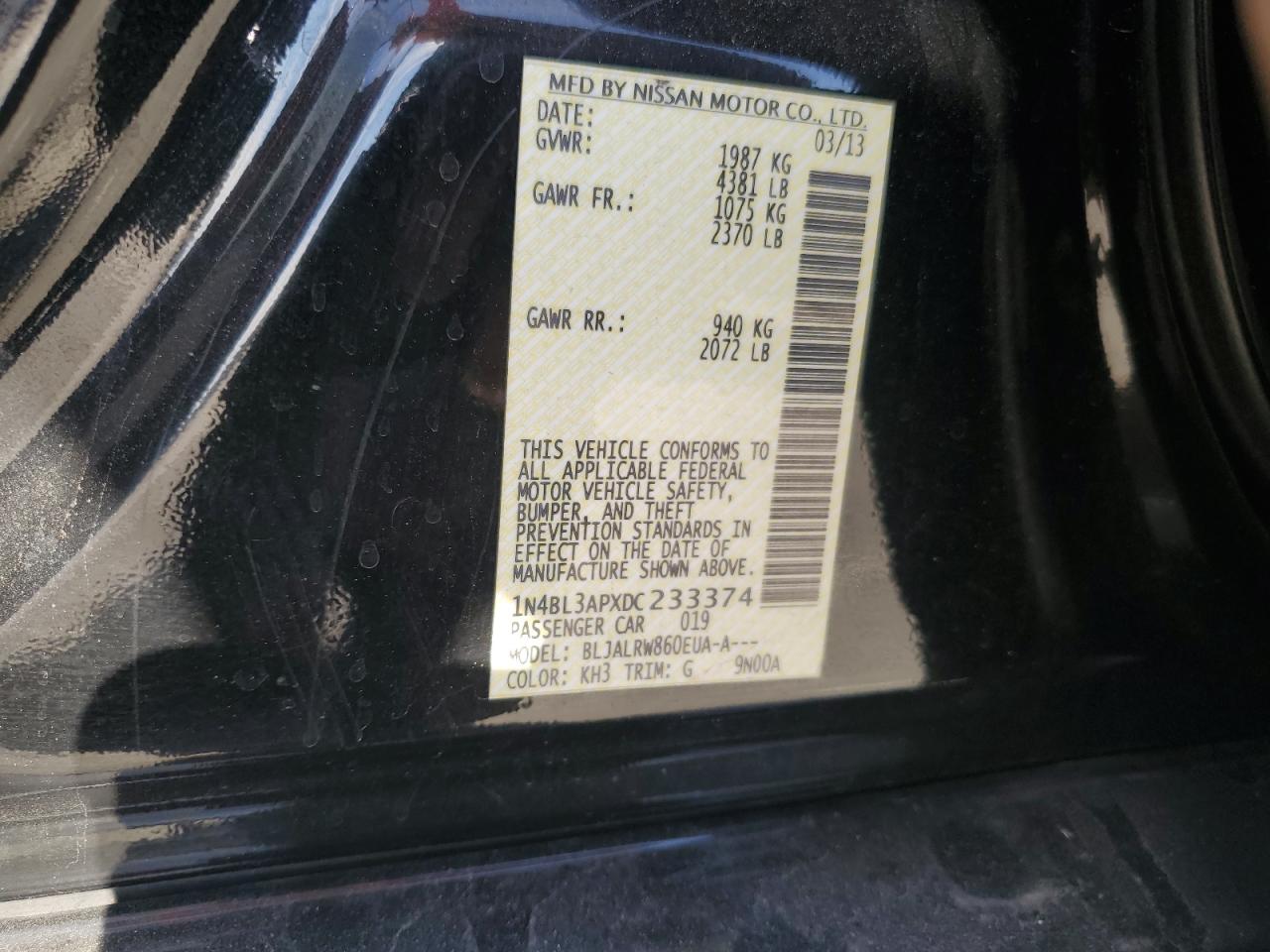 2013 Nissan Altima VIN 1N4BL3APXDC233374 Copart auction photo, front end / minor dent/scratches damage thumbnail 12