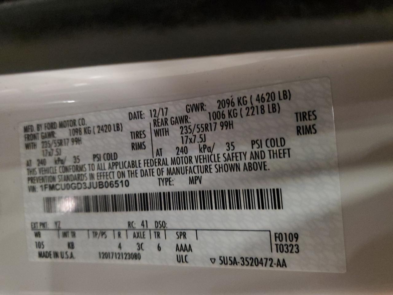 2018 Ford Escape VIN 1FMCU0GD3JUB06510 Copart auction photo, front end damage thumbnail 13