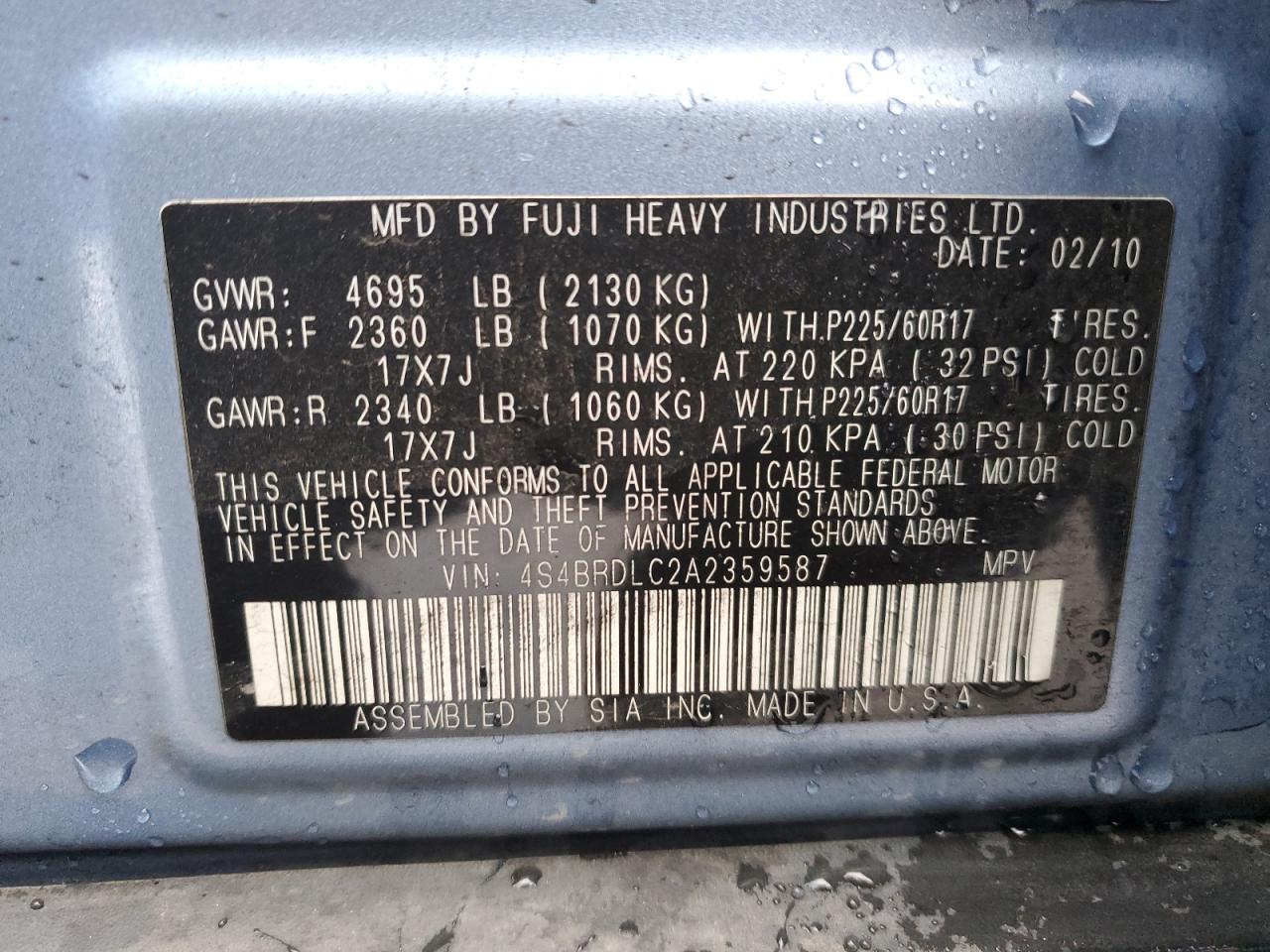 2010 Subaru Outback VIN 4S4BRDLC2A2359587 Copart auction photo, all over damage thumbnail 14