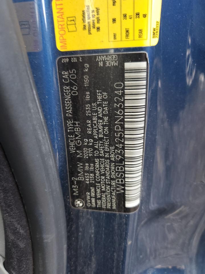 2005 BMW M3 VIN WBSBL93425PN63240 Copart auction photo, front end / minor dent/scratches damage thumbnail 12