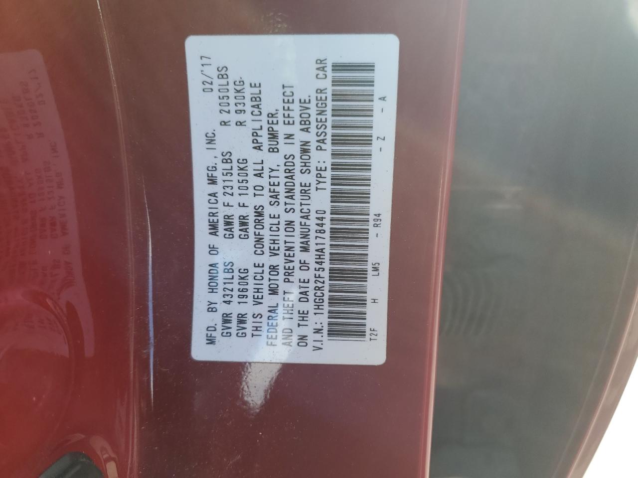 2017 Honda Accord VIN 1HGCR2F54HA178440 Copart auction photo, front end damage thumbnail 14