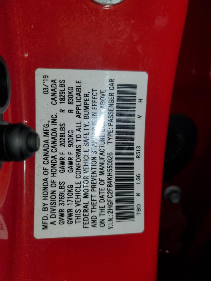 2019 Honda Civic VIN 2HGFC2F84KH550926 Copart auction photo, front end / side damage thumbnail 13