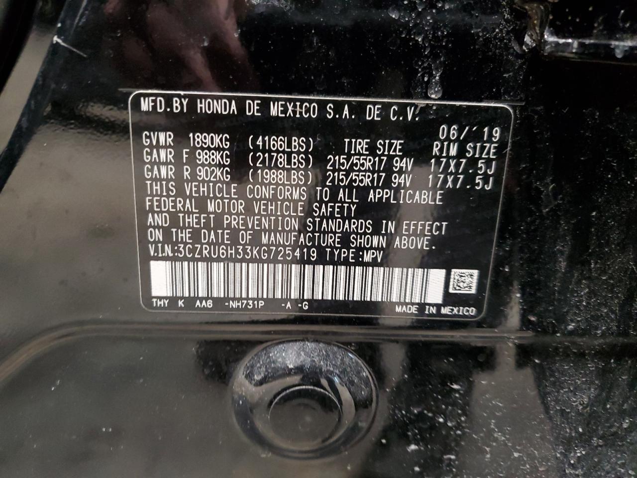 2019 Honda HR-V VIN 3CZRU6H33KG725419 Copart auction photo, front end damage thumbnail 13
