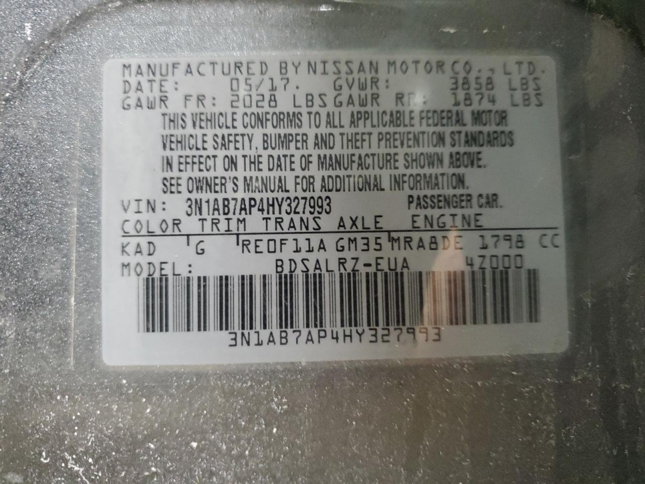 2017 Nissan Sentra VIN 3N1AB7AP4HY327993 Copart auction photo, front end / rear end damage thumbnail 14