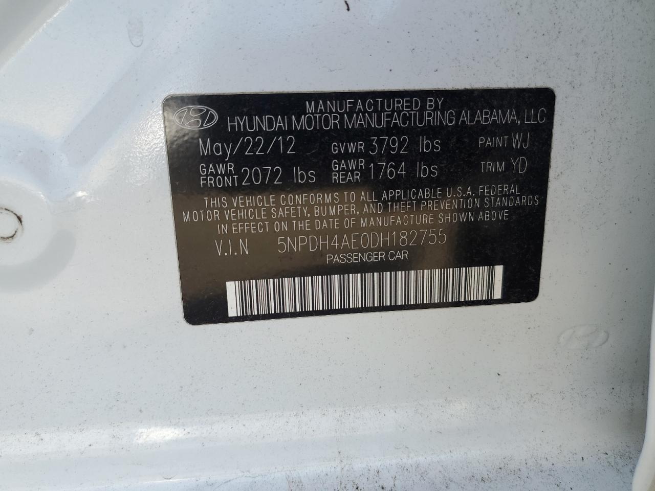 2013 Hyundai Elantra VIN 5NPDH4AE0DH182755 Copart auction photo, water/flood damage thumbnail 12