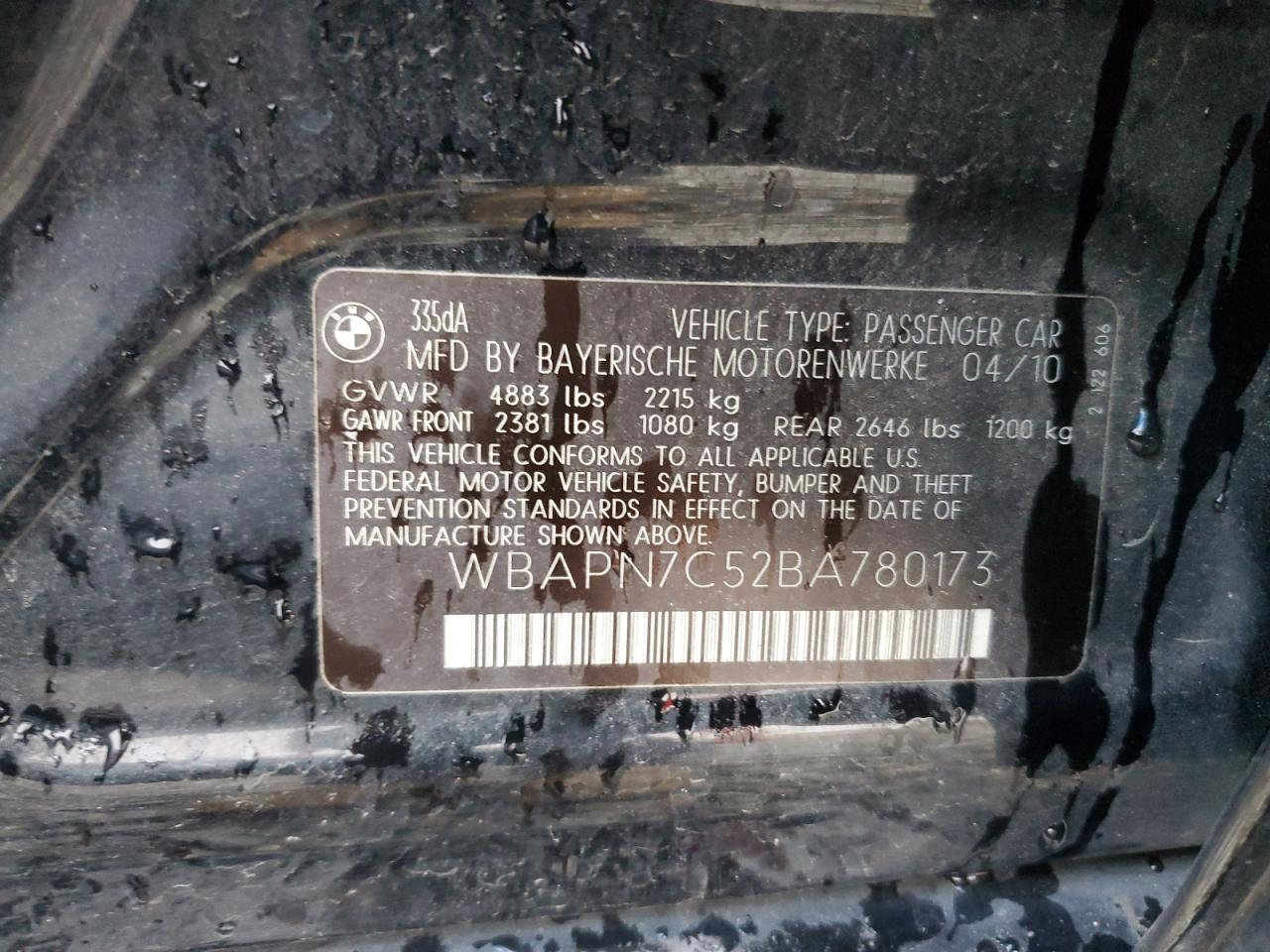 2011 BMW 3er VIN WBAPN7C52BA780173 Copart auction photo, front end / undercarriage damage thumbnail 12