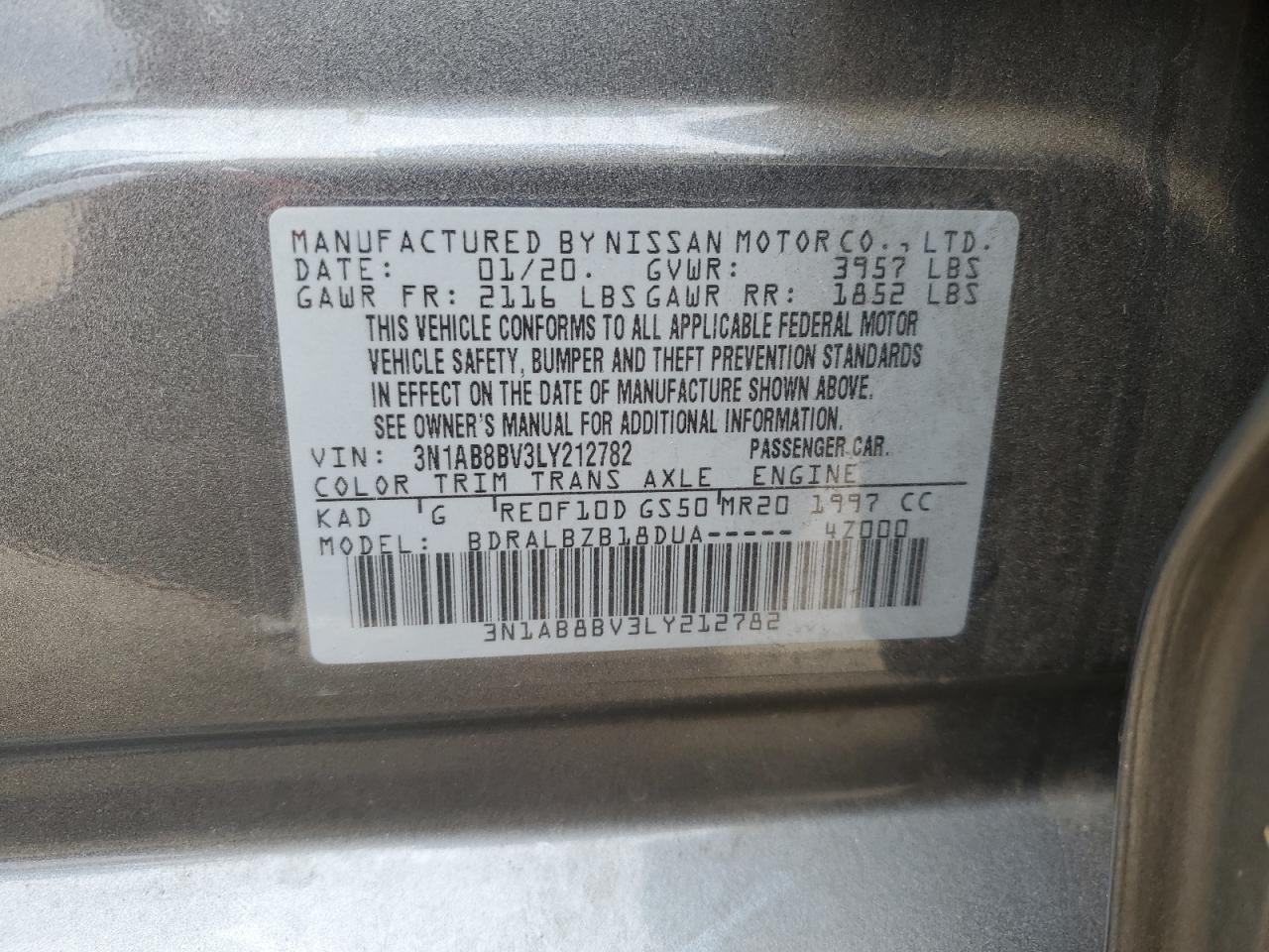 2020 Nissan Sentra VIN 3N1AB8BV3LY212782 Copart auction photo, front end damage thumbnail 13