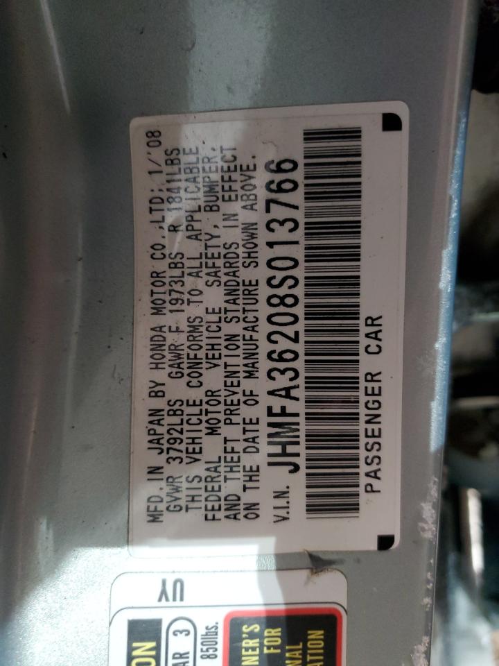 2008 Honda Civic VIN JHMFA36208S013766 Copart auction photo, rear end / front end damage thumbnail 12