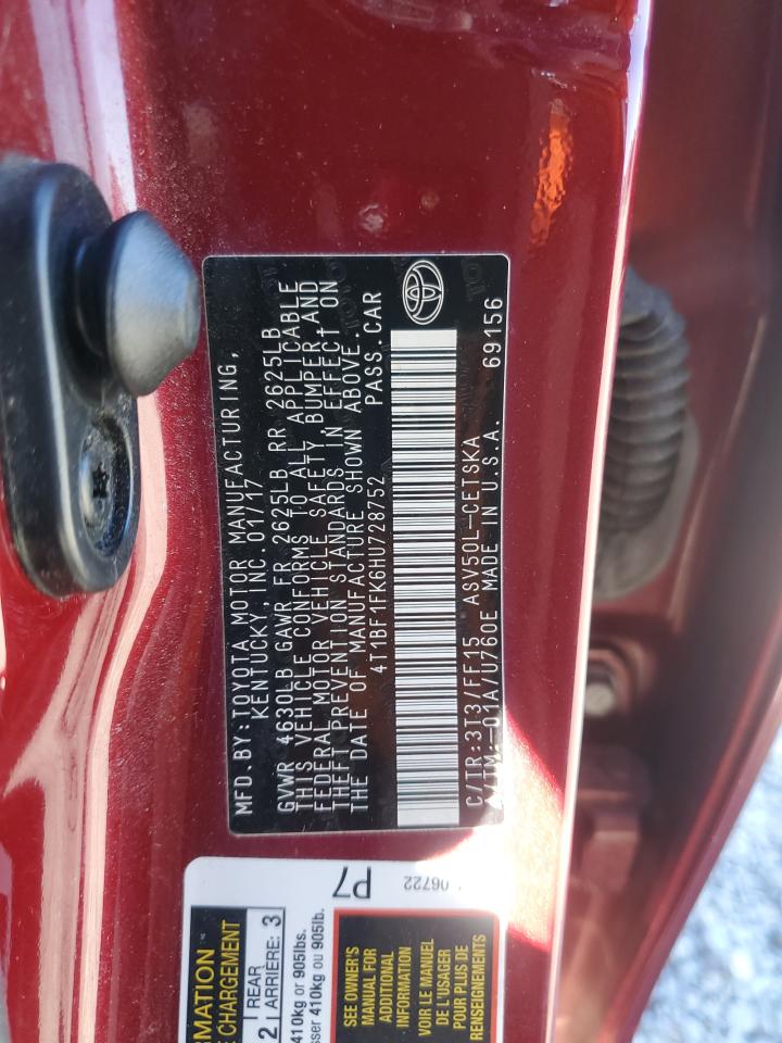 2017 Toyota Camry VIN 4T1BF1FK6HU728752 Copart auction photo, all over damage thumbnail 13