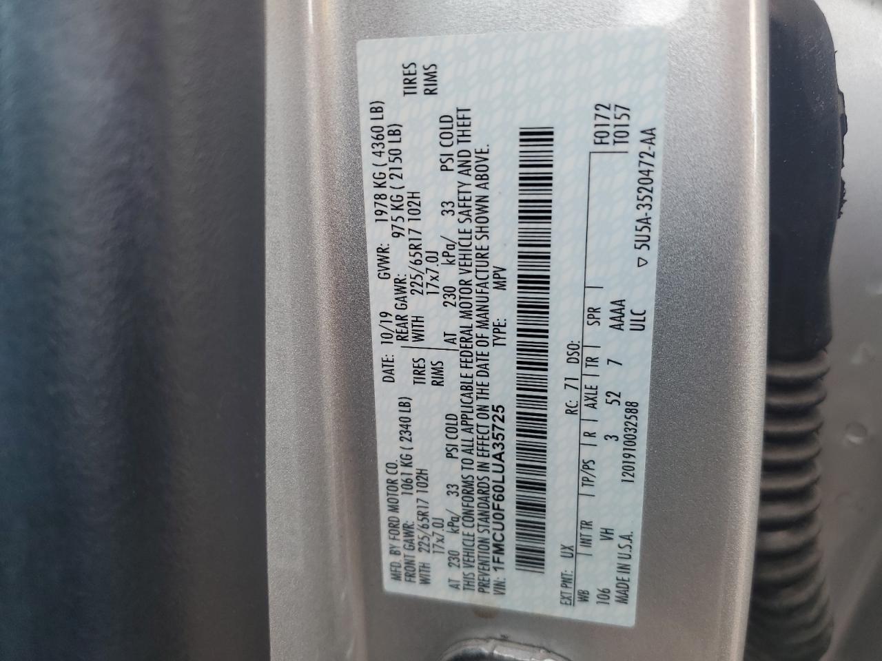 2020 Ford Escape VIN 1FMCU0F60LUA35725 Copart auction photo, front end damage thumbnail 12