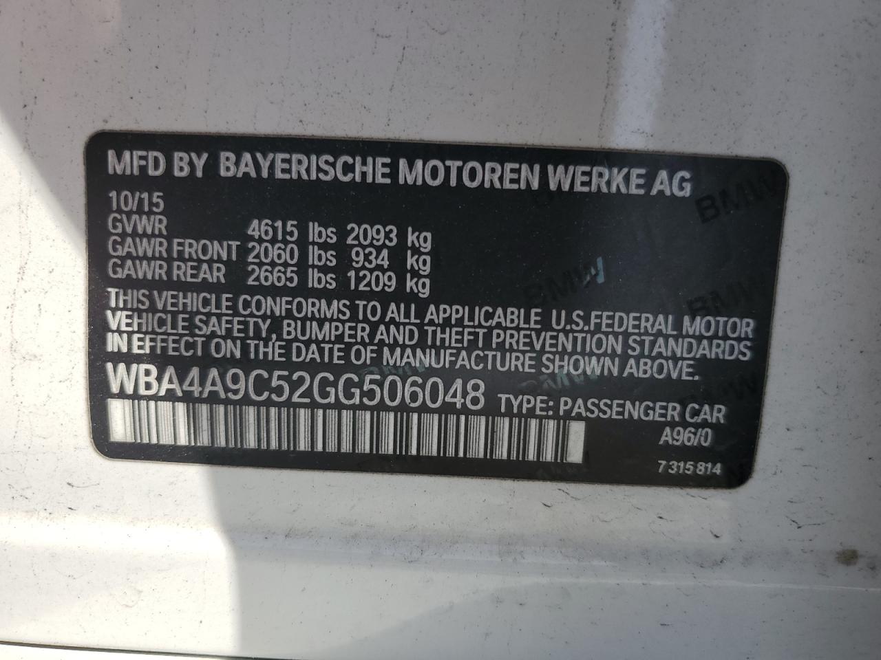 2016 BMW 4er VIN WBA4A9C52GG506048 Copart auction photo, front end damage thumbnail 12