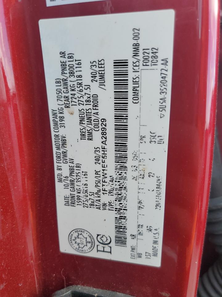 2017 Ford F-150 VIN 1FTFW1EF5HFA28929 Copart auction photo, front end / side damage thumbnail 13