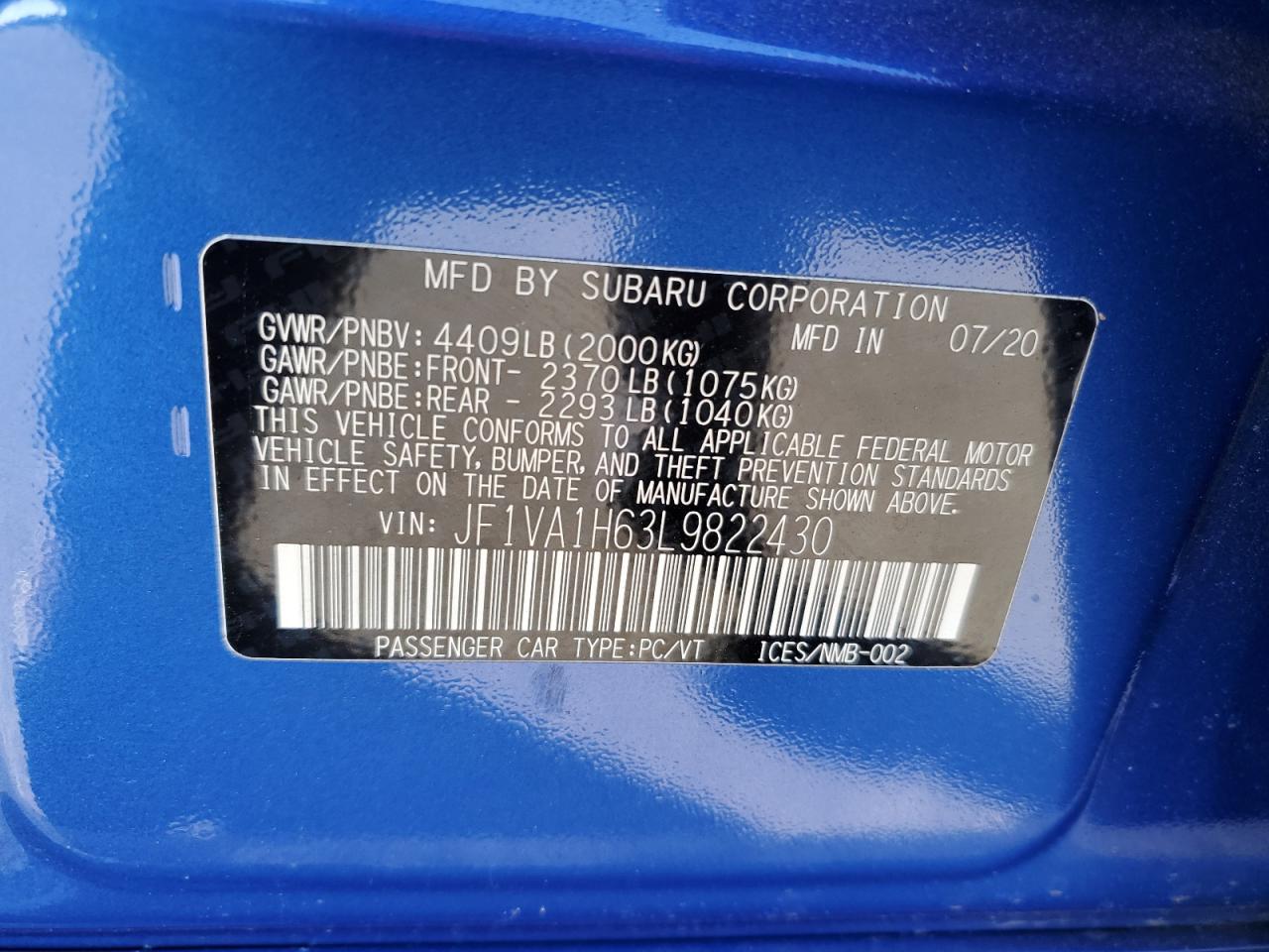2020 Subaru WRX VIN JF1VA1H63L9822430 Copart auction photo, front end / minor dent/scratches damage thumbnail 12