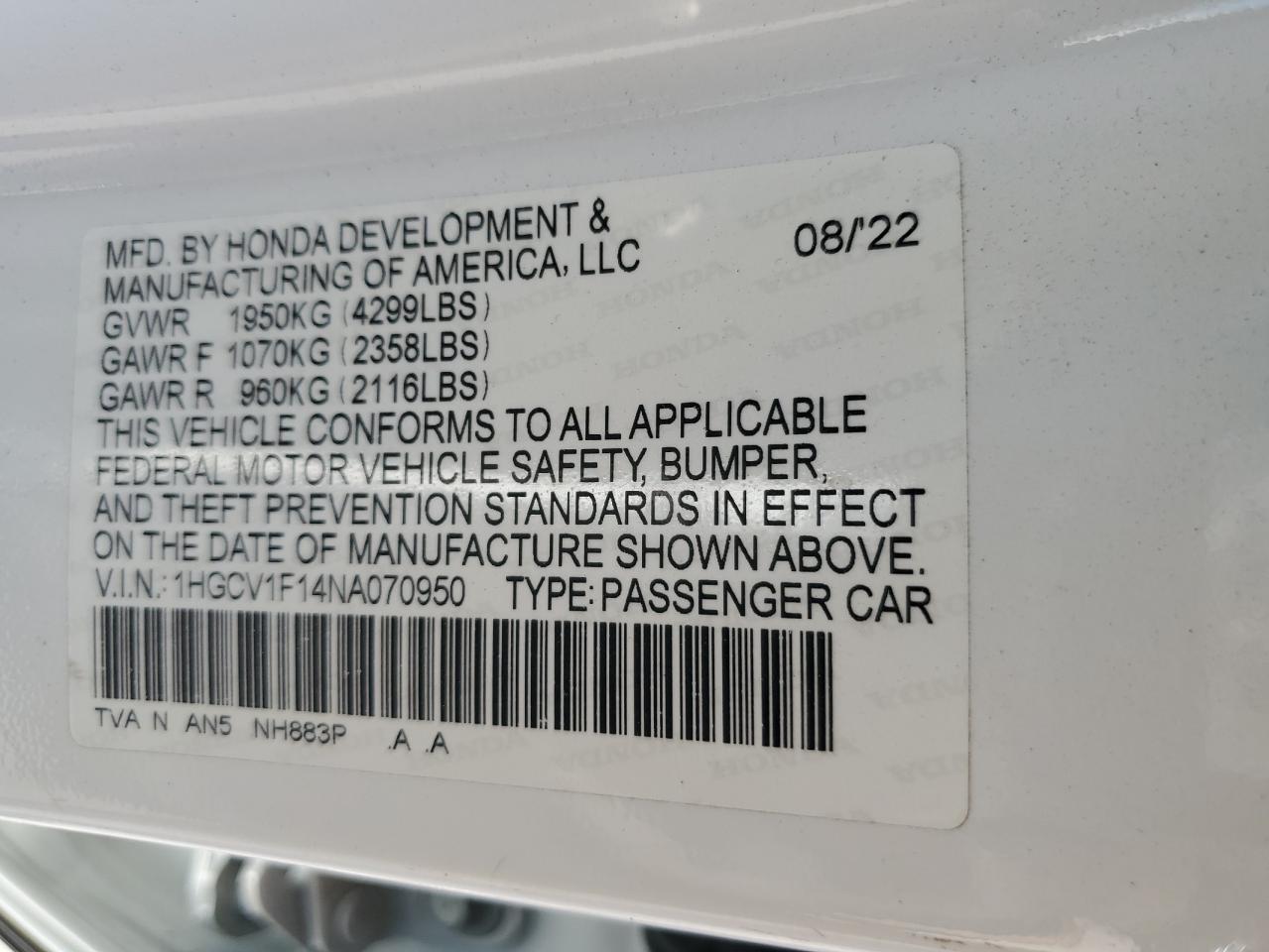 2022 Honda Accord VIN 1HGCV1F14NA070950 Copart auction photo, rear end / side damage thumbnail 14