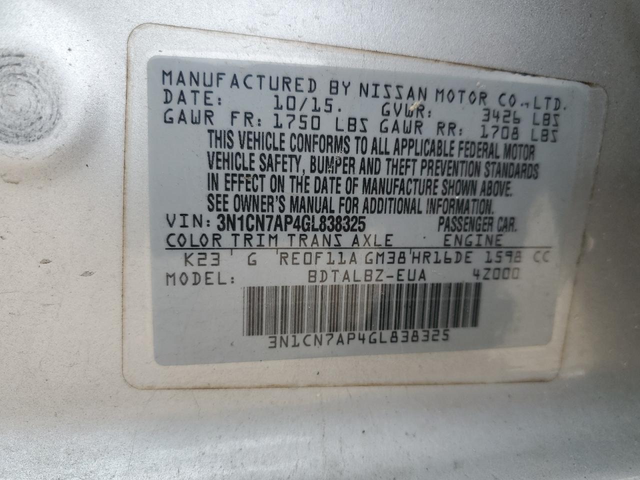 2016 Nissan Versa VIN 3N1CN7AP4GL838325 Copart auction photo, front end damage thumbnail 15