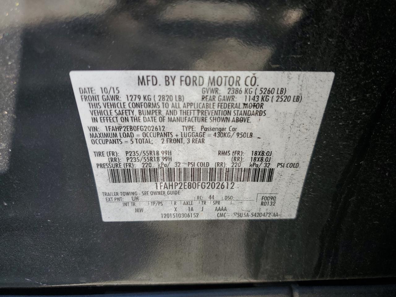 2015 Ford Taurus VIN 1FAHP2E80FG202612 Copart auction photo, all over damage thumbnail 14