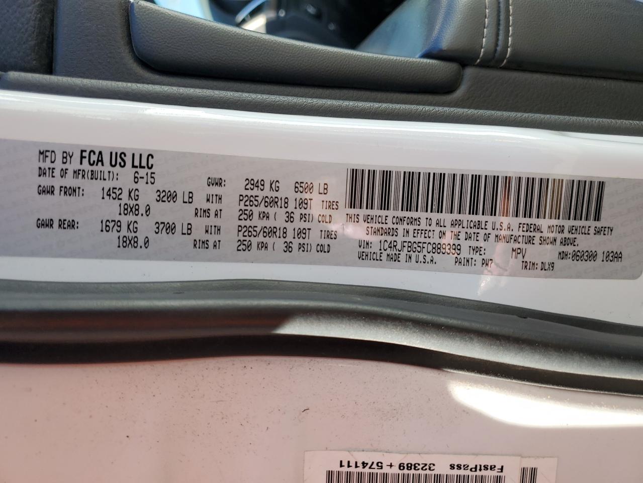 2015 Jeep Grand Cherokee VIN 1C4RJFBG5FC889399 Copart auction photo, front end damage thumbnail 14