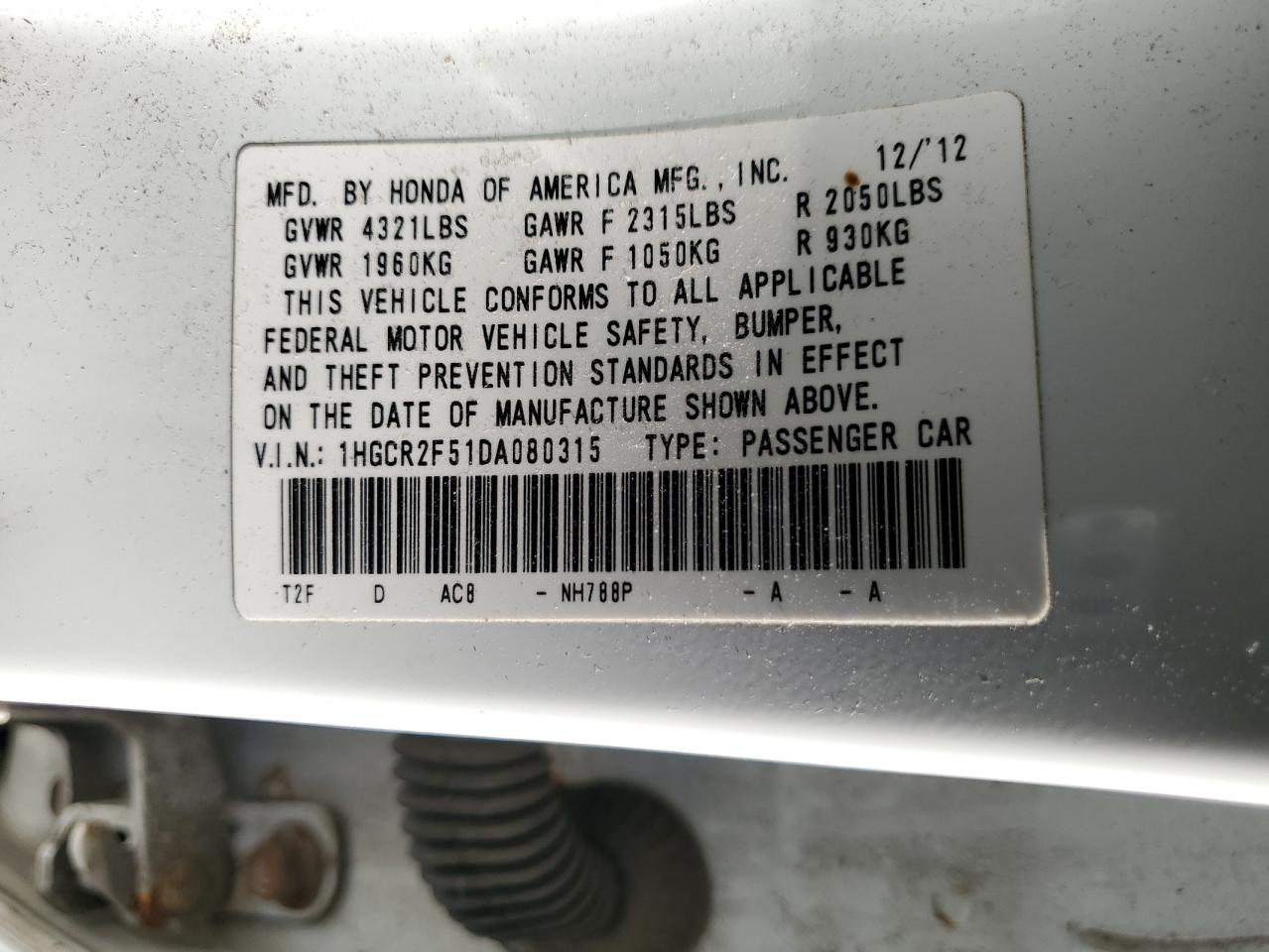 2013 Honda Accord VIN 1HGCR2F51DA080315 Copart auction photo, front end damage thumbnail 12
