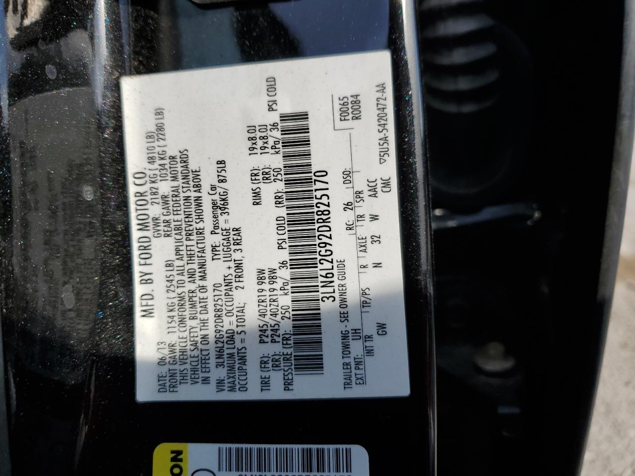2013 Lincoln MKZ VIN 3LN6L2G92DR825170 Copart auction photo, rear end / side damage thumbnail 12