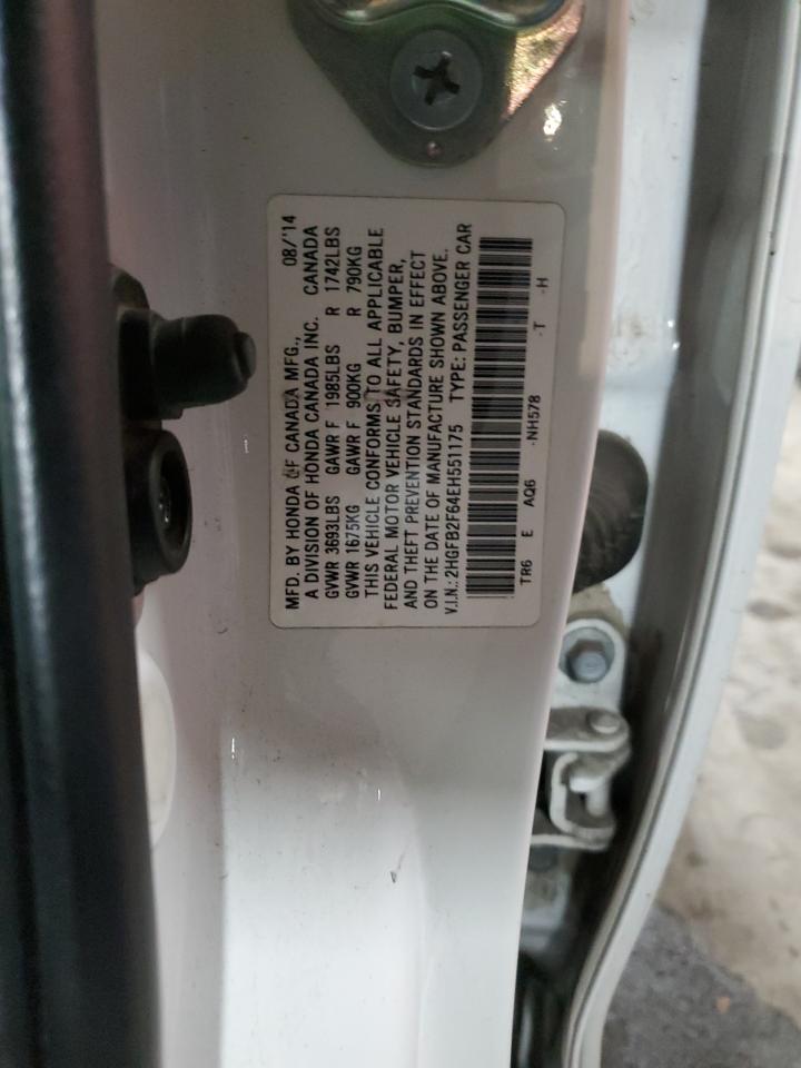 2014 Honda Civic VIN 2HGFB2F64EH551175 Copart auction photo, rear end damage thumbnail 13