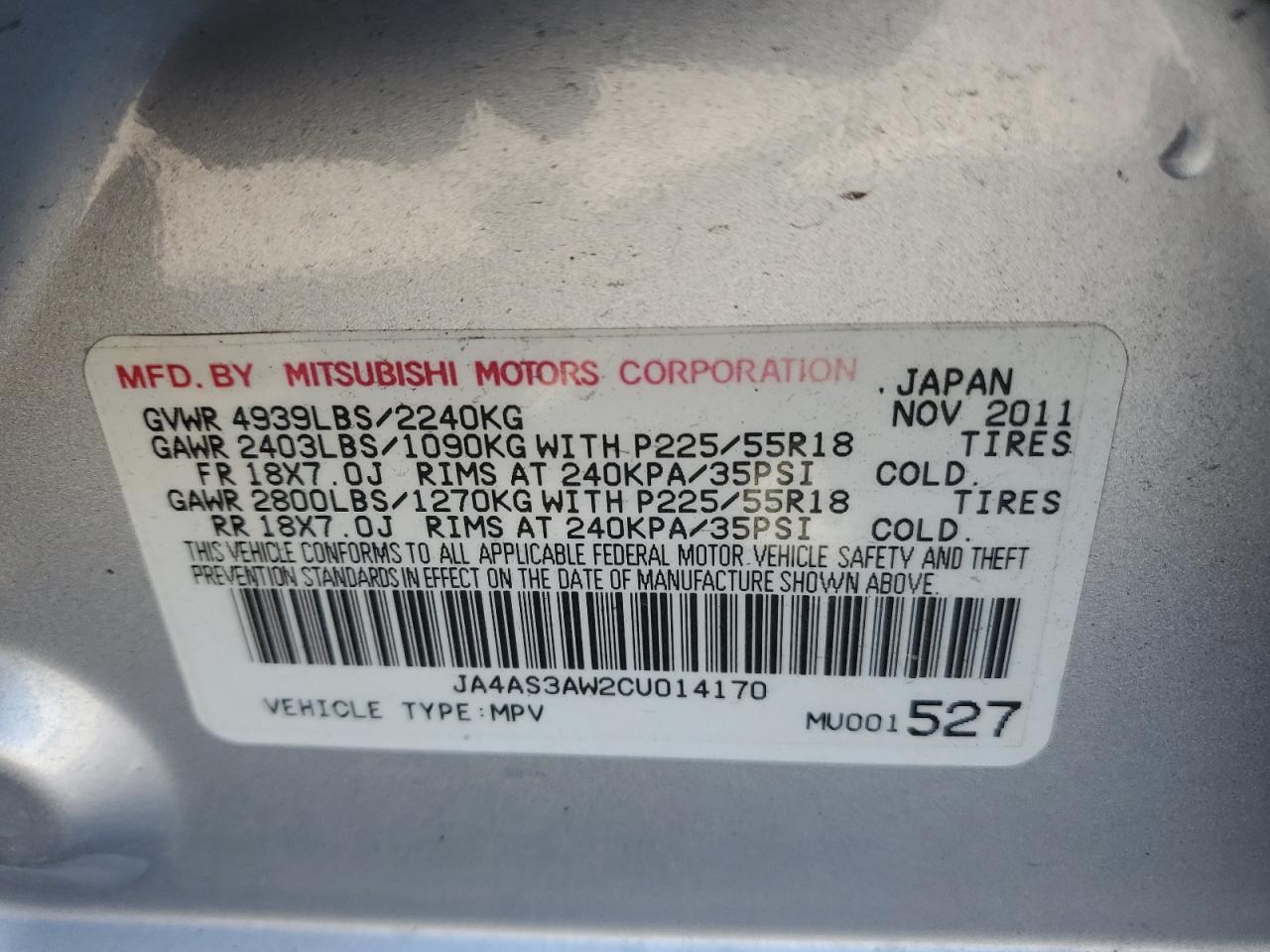 2012 Mitsubishi Outlander VIN JA4AS3AW2CU014170 Copart auction photo, rear end damage thumbnail 14