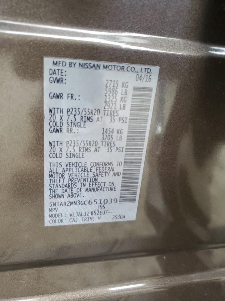 2016 Nissan Pathfinder VIN 5N1AR2MN3GC651039 Copart auction photo, mechanical damage thumbnail 13