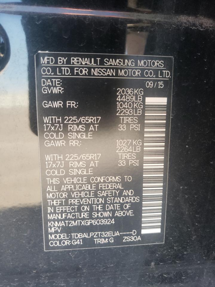 2016 Nissan Rogue VIN KNMAT2MTXGP603924 Copart auction photo, rear end / side damage thumbnail 13