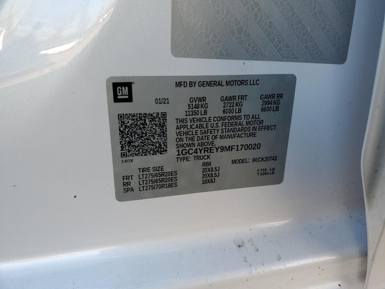 2021 Chevrolet Silverado VIN 1GC4YREY9MF170020 Copart auction photo, front end / minor dent/scratches damage thumbnail 14