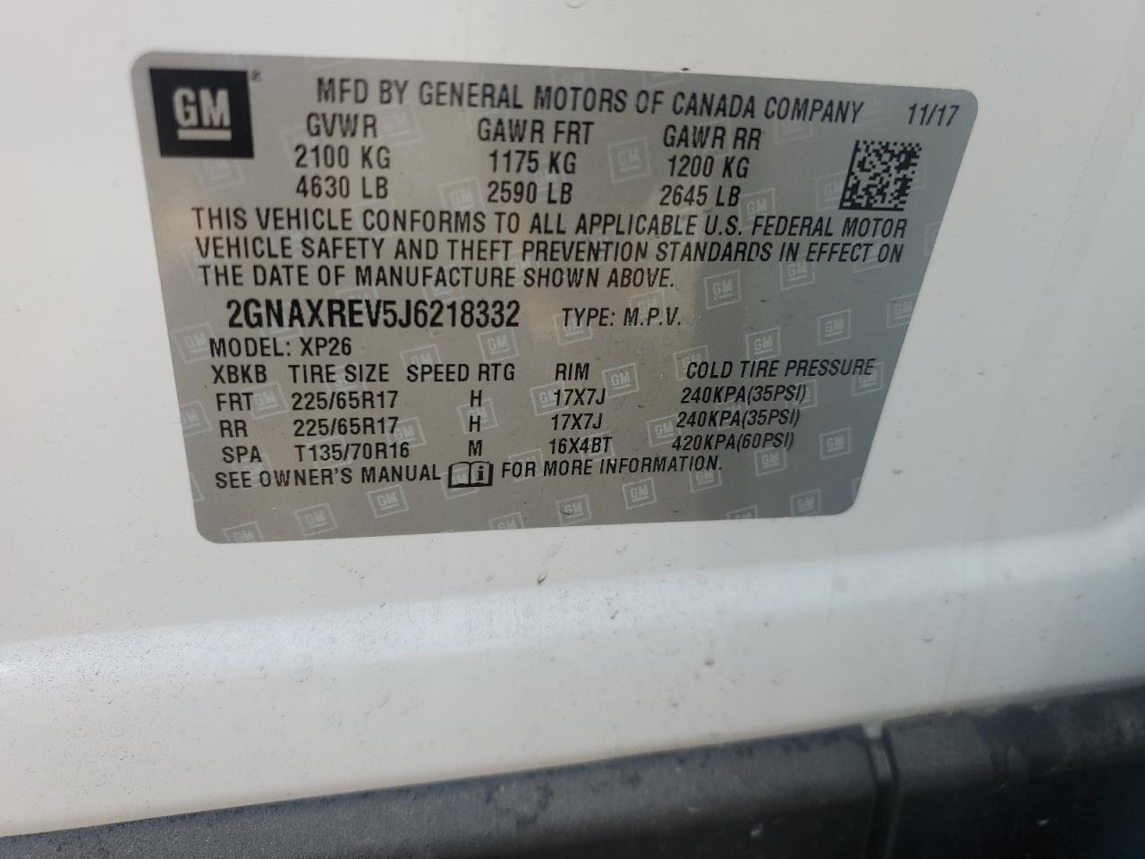 2018 Chevrolet Equinox VIN 2GNAXREV5J6218332 Copart auction photo, rear end damage thumbnail 14