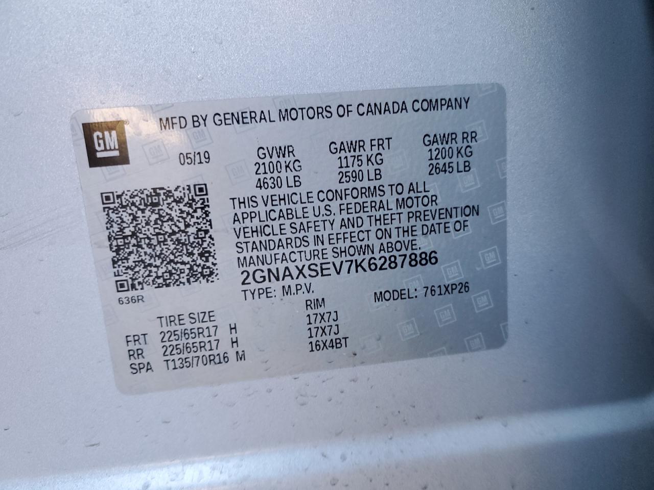 2019 Chevrolet Equinox VIN 2GNAXSEV7K6287886 Copart auction photo, front end / minor dent/scratches damage thumbnail 16