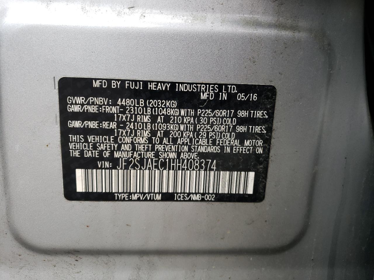 2017 Subaru Forester VIN JF2SJAEC1HH408374 Copart auction photo, rear end / minor dent/scratches damage thumbnail 14