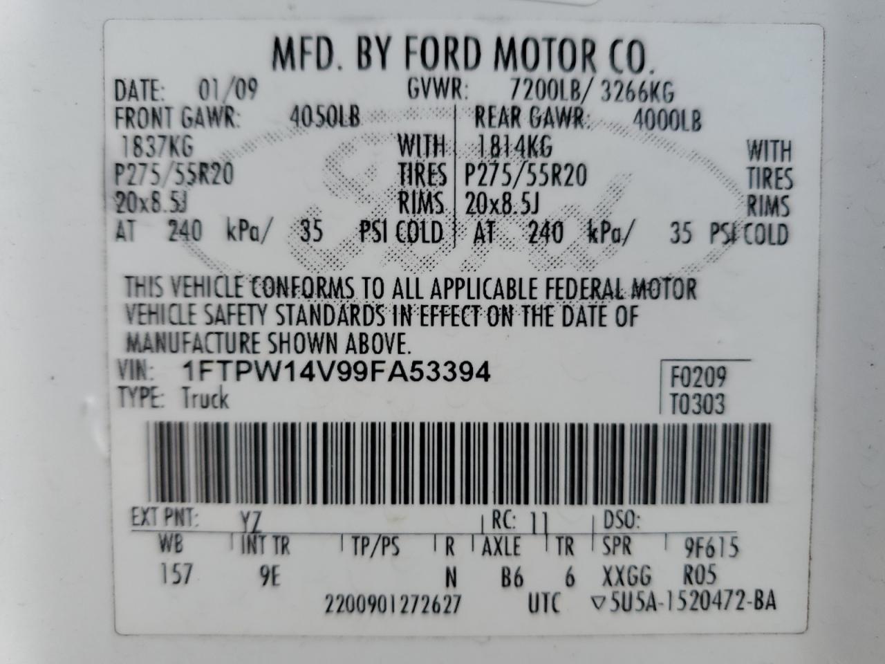 2009 Ford F-150 VIN 1FTPW14V99FA53394 Copart auction photo, front end damage thumbnail 12