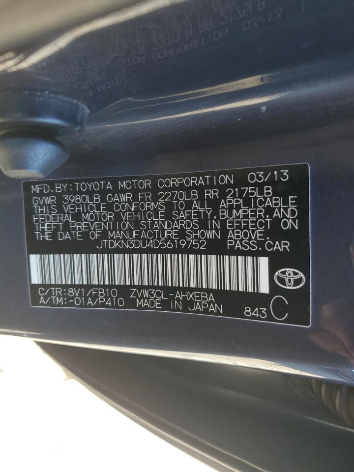 2013 Toyota Prius VIN JTDKN3DU4D5619752 Copart auction photo, mechanical damage thumbnail 12