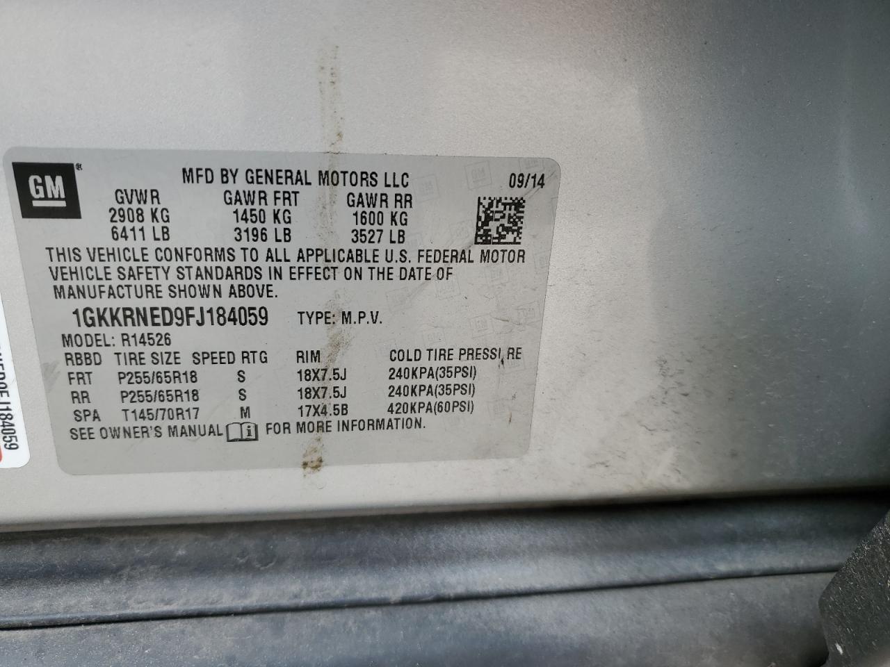 2015 GMC Acadia VIN 1GKKRNED9FJ184059 Copart auction photo, front end damage thumbnail 13