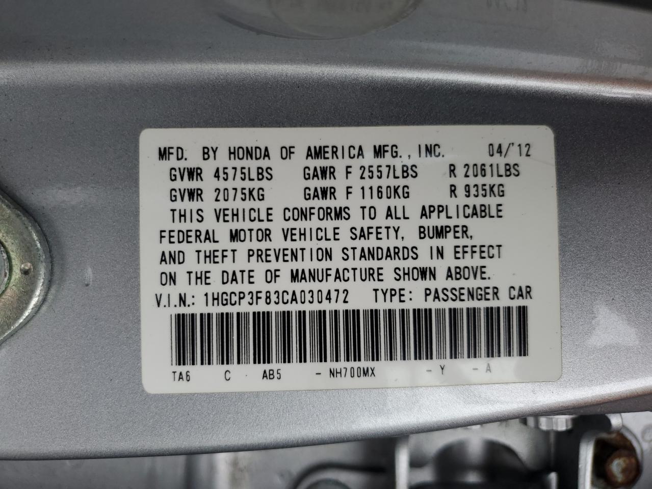 2012 Honda Accord VIN 1HGCP3F83CA030472 Copart auction photo, front end damage thumbnail 14