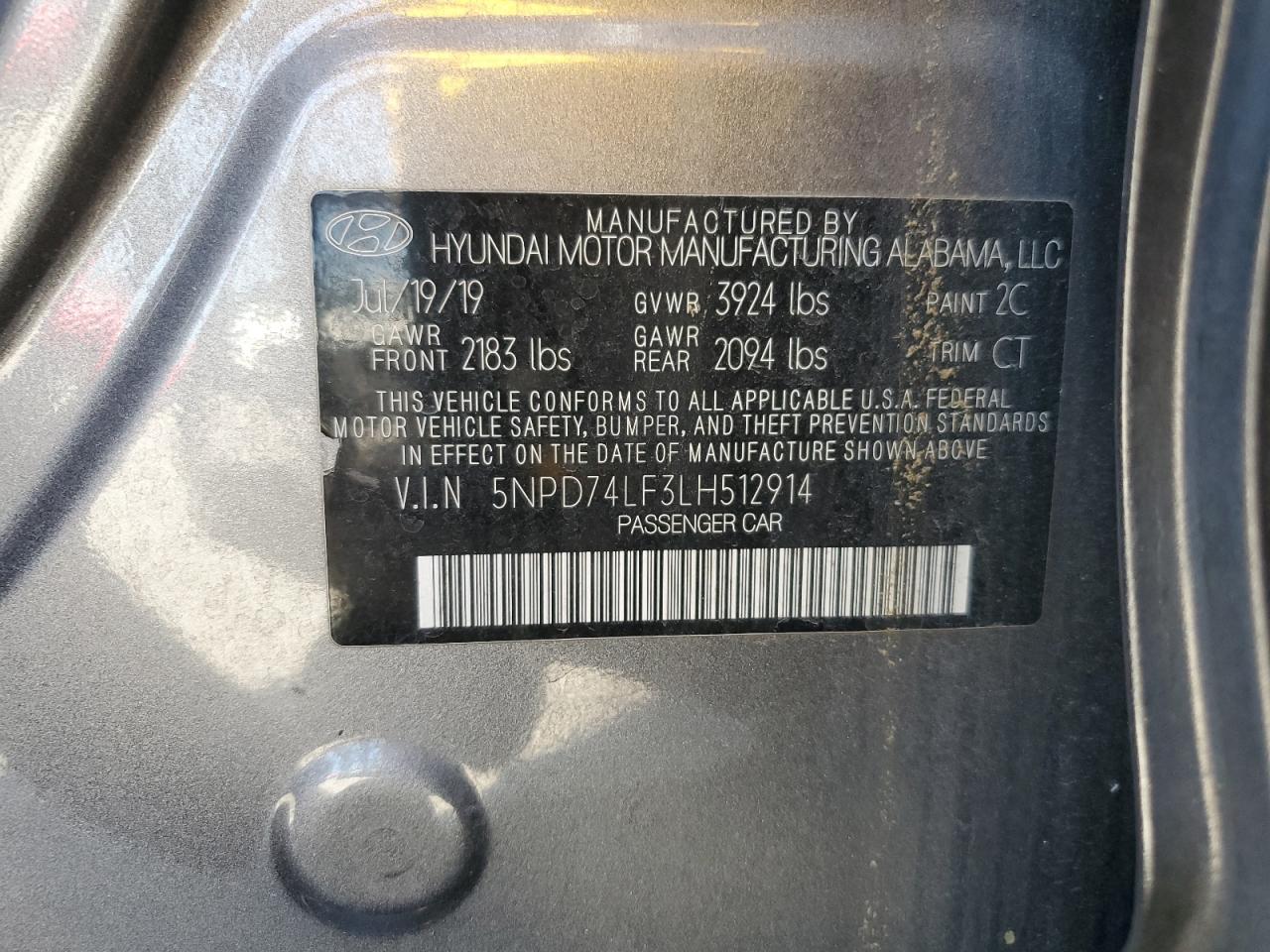 2020 Hyundai Elantra VIN 5NPD74LF3LH512914 Copart auction photo, top/roof / minor dent/scratches damage thumbnail 12