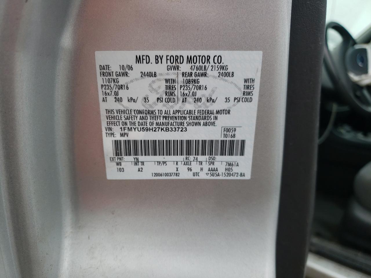 2007 Ford Escape VIN 1FMYU59H27KB33723 Copart auction photo, front end / rear end damage thumbnail 15